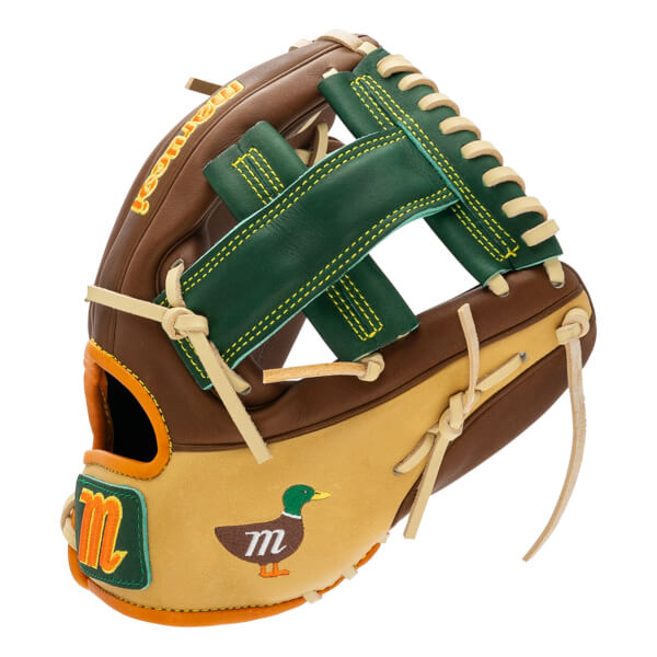 Front view of a brown and tan baseball glove with green accents, a duck logo, and yellow stitching.