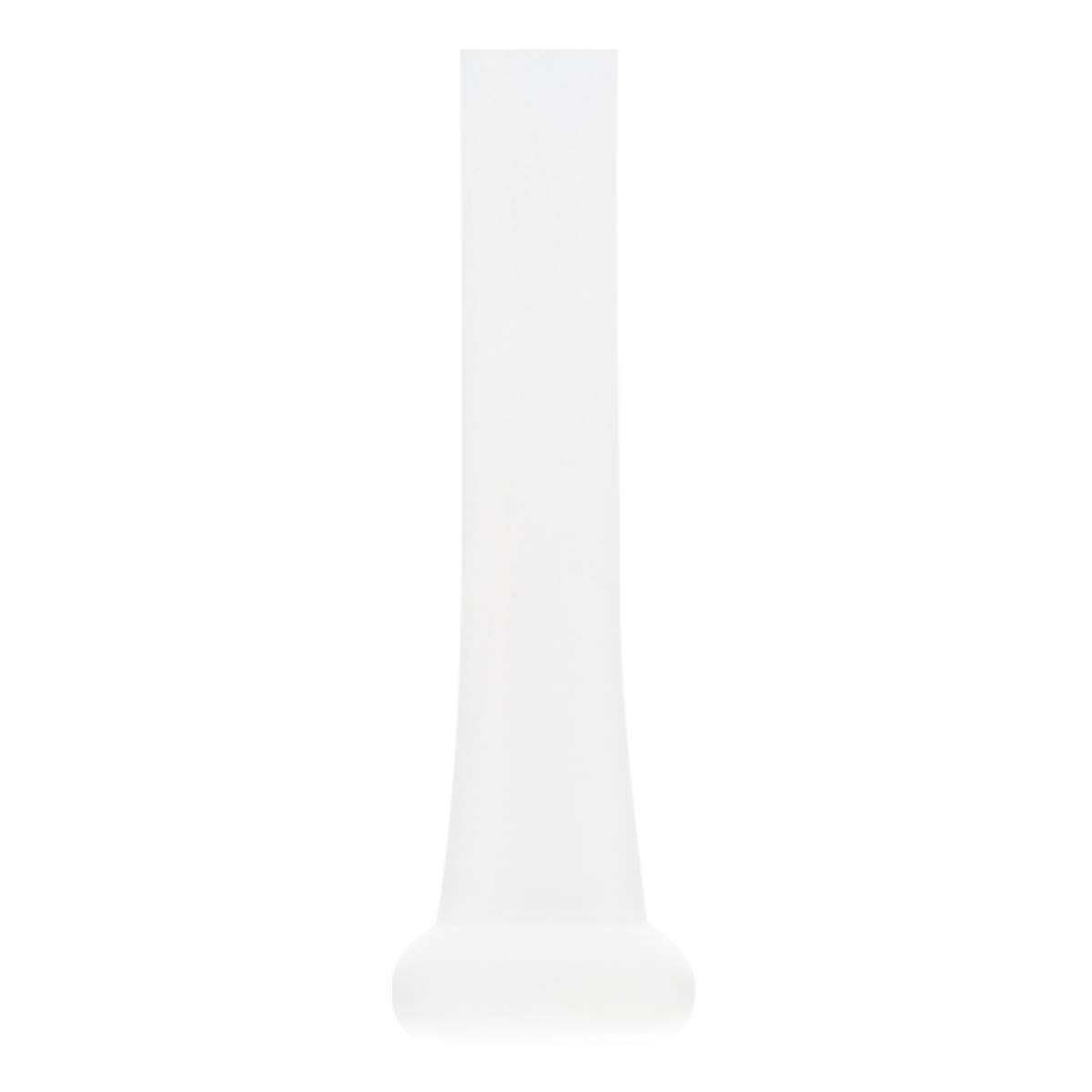 Side view of a white training bat with a flared knob and tapered barrel.
