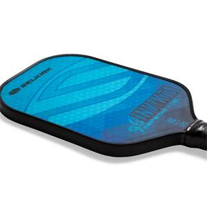 Corner view of a blue pickleball paddle with Selkirk branding and INVIKTA AMPED text.