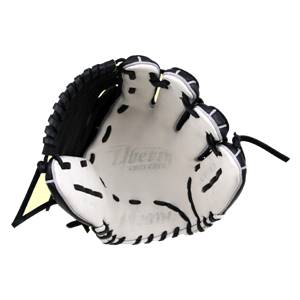 Interior view of a white baseball glove with black stitching and Liberty Advanced embossed on the palm.