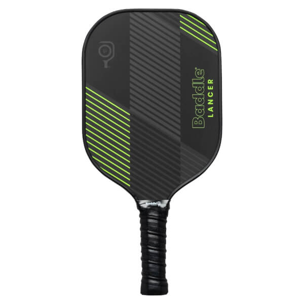 Front view of a black Baddle Lancer pickleball paddle with green diagonal stripes and a textured grip.