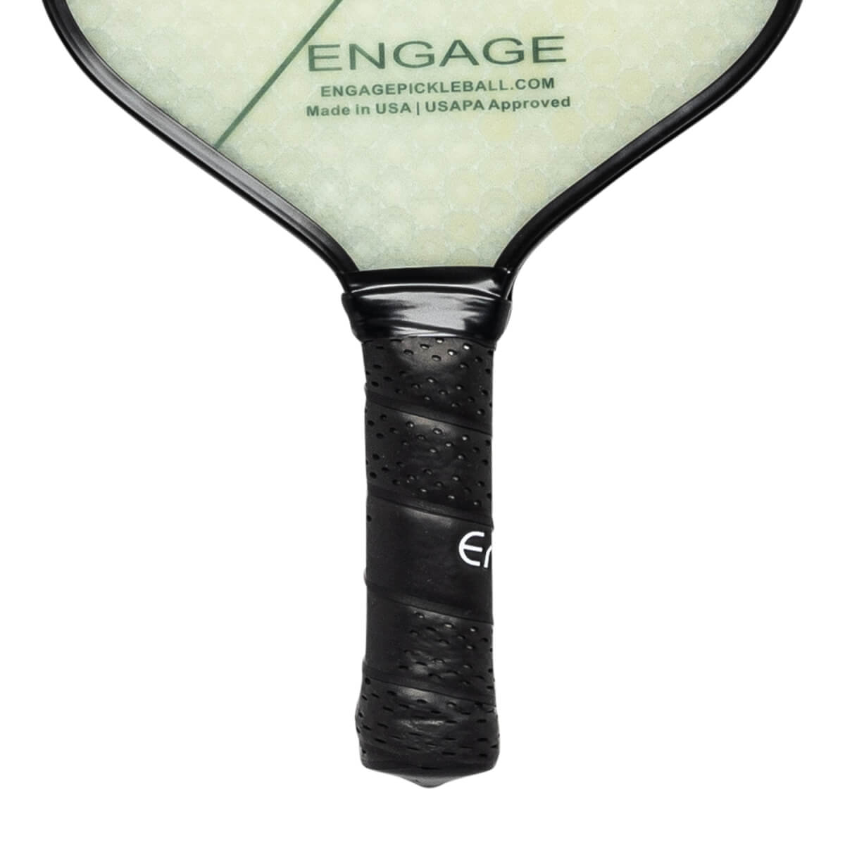 Close-up of a black pickleball paddle grip with perforated texture and an E logo.