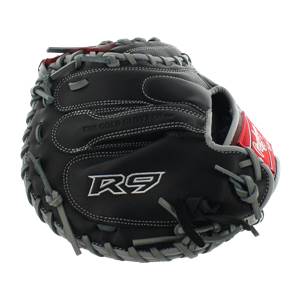 Front view of a black catchers mitt with R9 logo and red accents.