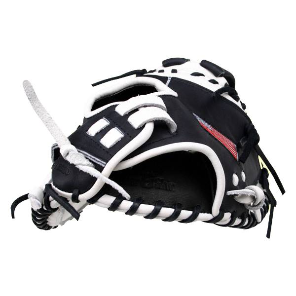 Front view of a black catchers mitt with white lacing and an American flag detail.