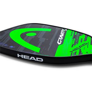 Corner view of a black pickleball paddle with a large green HEAD logo and GRAVITY text.