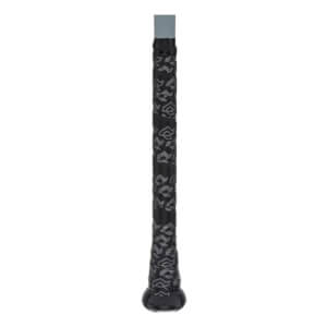Close-up of a black baseball bat grip with a grey leopard print pattern and a black knob.