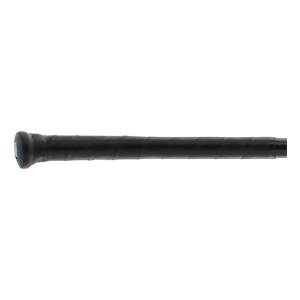 Close-up of a black baseball bat grip with a textured surface and a blue end cap.