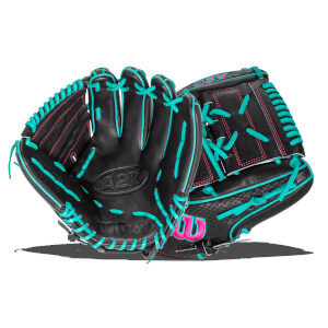 Angled view of black baseball gloves with teal lacing, pink stitching, and A2K and Wilson logos.
