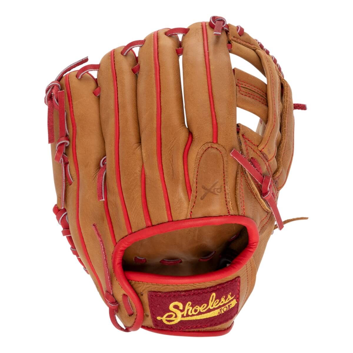 Front view of a tan baseball glove with red lacing, an I-web, and a Shoeless Joe logo on the wrist.