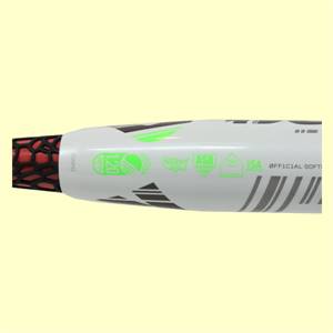 Side view of a white softball bat with a red grip, green logos, and OFFICIAL SOFT text.