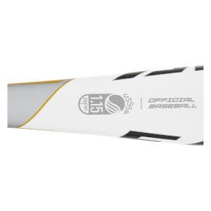 Side view of a white baseball bat with USSSA 1.15 BPF and OFFICIAL BASEBALL text.