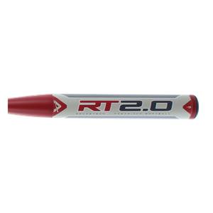 Side view of a red and white fastpitch softball bat with RT 2.0 and ROCKETECH FASTPITCH SOFTBALL text.