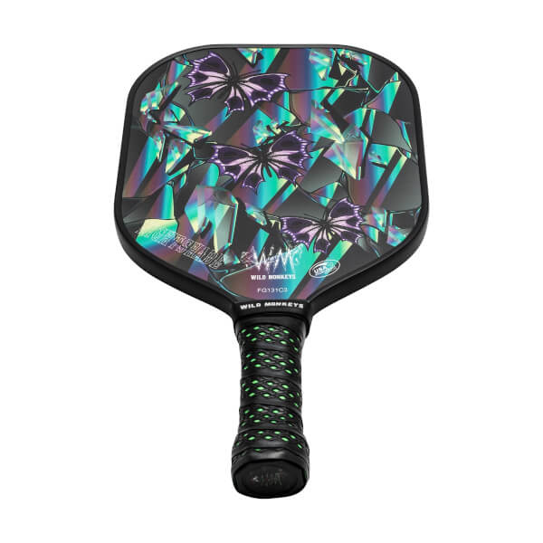 Front view of a black pickleball paddle with iridescent geometric patterns, purple butterflies, and a green-dotted grip.