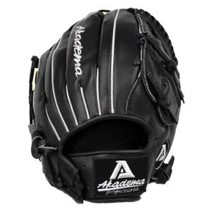 Front view of a black baseball glove with white stitching and Akadema Professional branding.