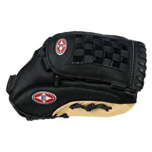 Side view of a black baseball glove with a checkered pattern and red and white Easton logos.
