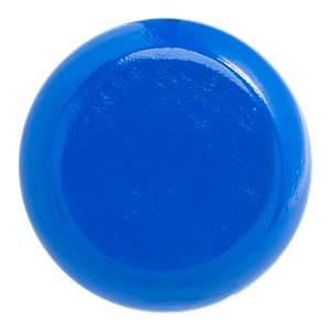 Top-down view of a blue training bat end with a smooth, rounded surface.