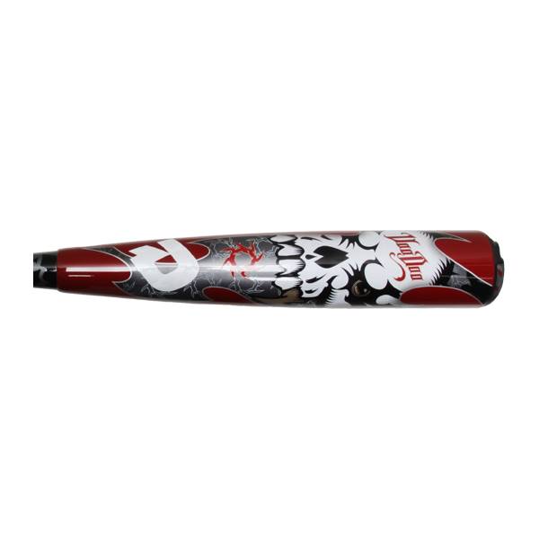 Side view of a red baseball bat with a white dragon graphic and Voodoo text.