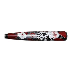 Side view of a red baseball bat with a white dragon graphic and Voodoo text.