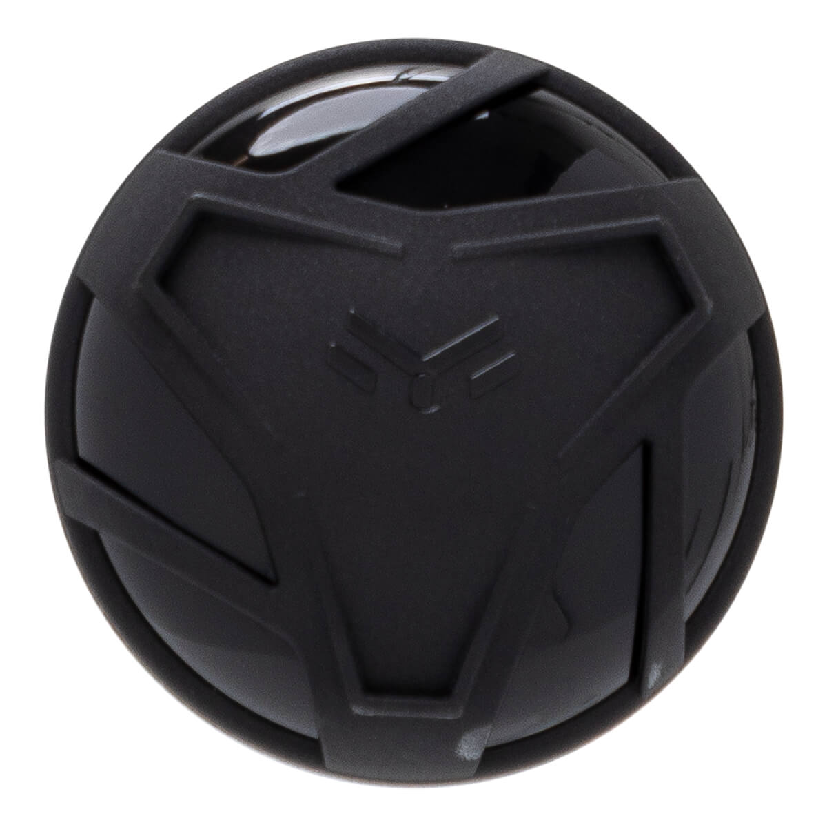 Top-down view of a black baseball bat end cap with a geometric design and embossed logo.