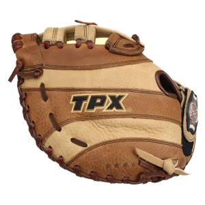 Front view of a brown youth first base mitt with TPX logo and striped padding.