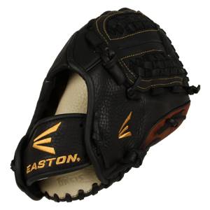 Front view of a black Easton fastpitch glove with gold Easton branding and a woven web.