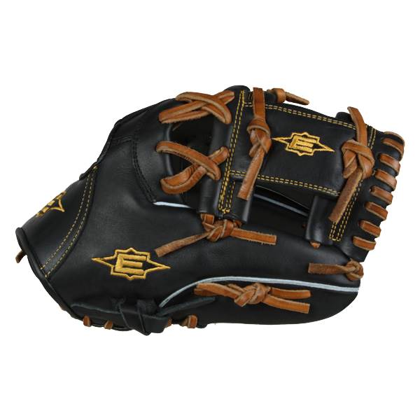 Side view of a black baseball glove with brown lacing and gold Easton logos.