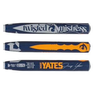 Side view of a navy blue softball bat with twisted mistress text and a stylized dragon design.