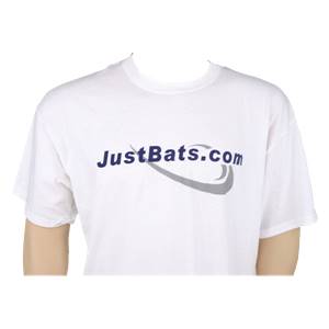 Front view of a white t-shirt with a blue JustBats.com logo and a grey swoosh.