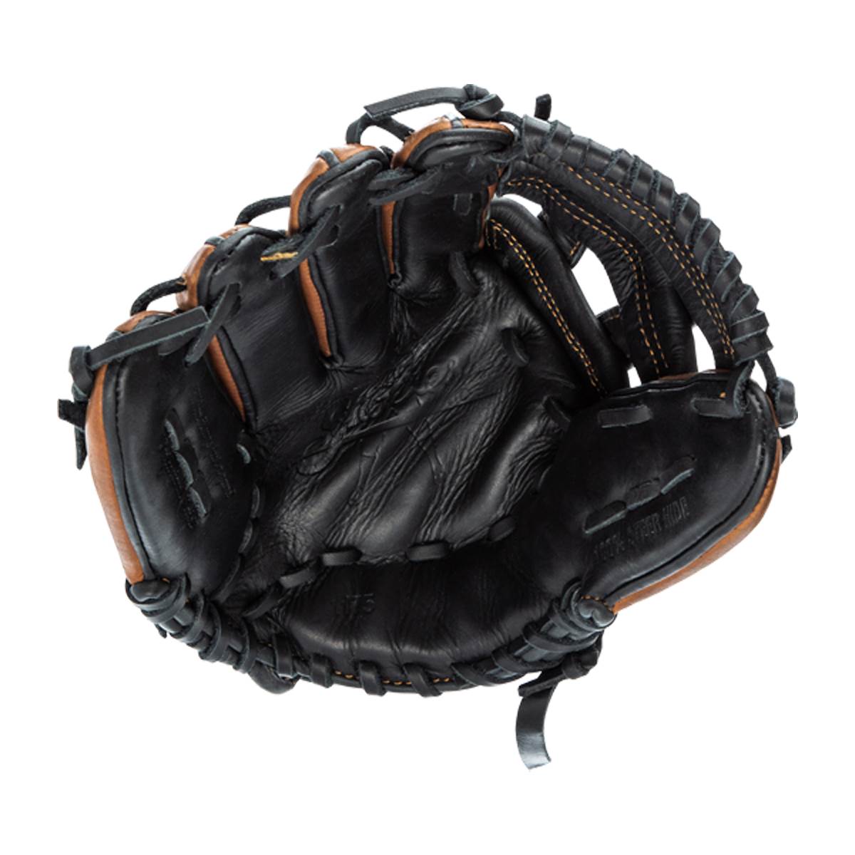 Top-down view of a black baseball glove with brown accents and visible lacing.