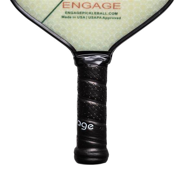 Close-up of a black pickleball paddle grip with a textured pattern and Engage logo.