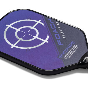 Corner view of a purple pickleball paddle with a target design, POACH INFINITY MX, and ENGAGE branding.