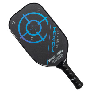Top-down view of a black pickleball paddle with a blue target design, POACH INFINITY LX text, and ENGAGE logo.