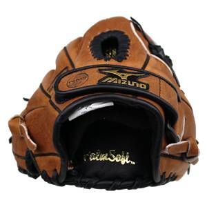 Back view of a brown Mizuno fastpitch mitt with gold Mizuno logo and Palm Soft text.