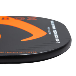 Corner view of a black pickleball paddle with orange accents, SOLID SPAN TECHNOLOGY, and 3C / USAPA APPROVED text.