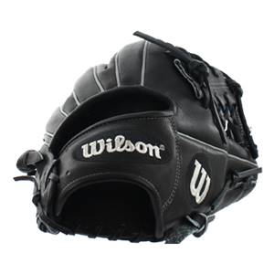 Close-up of a black Wilson glove with white stitching and a white W logo.