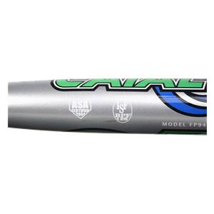 Side view of a silver fastpitch softball bat with green CATALYST text, ASA and ISF logos, and MODEL FP94 text.