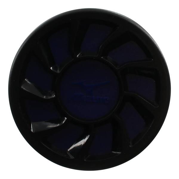 Top-down view of a black baseball bat end cap with a blue Mizuno logo and radial grooves.