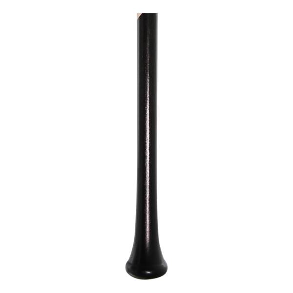 Side view of a black baseball bat with a flared knob.