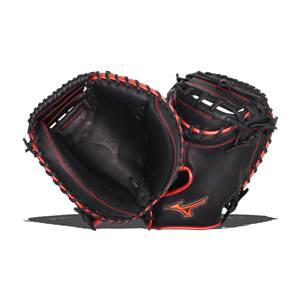 Top-down view of black baseball catchers mitt with red stitching and Mizuno logo.