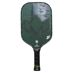 Front view of a dark green pickleball paddle with camo pattern, three diamonds, and FIRST RESPONDER SERIES text.