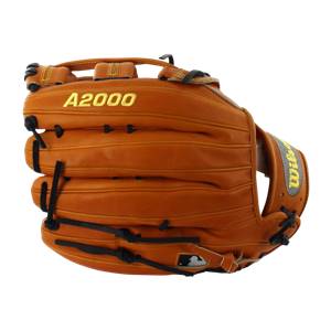 Side view of a brown baseball glove with A2000 and Wilson branding.