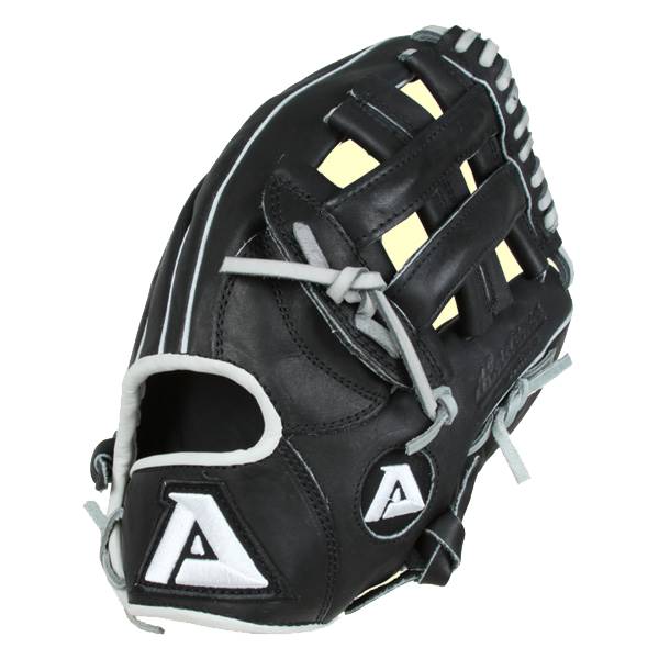 Side view of a black baseball glove with white piping, a white A logo, and yellow padding.