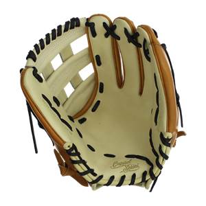 Front view of a tan baseball glove with black lacing and Capitol Series embroidery.