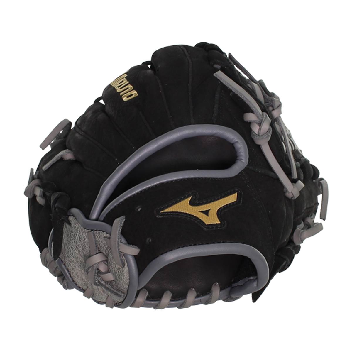 Front view of a black baseball glove with gold Mizuno logo and grey lacing.