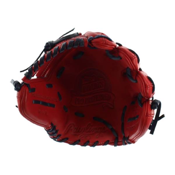 Top-down view of a red baseball glove with navy lacing and Rawlings and PRO PREFERRED embossed details.
