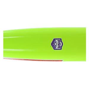 Side view of a neon green softball bat with a purple ASA logo.
