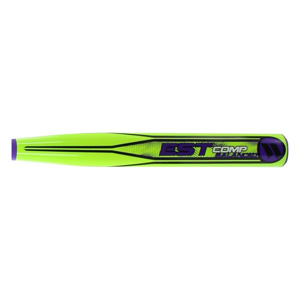 Side view of a neon yellow softball bat with purple accents and EST COMP branding.