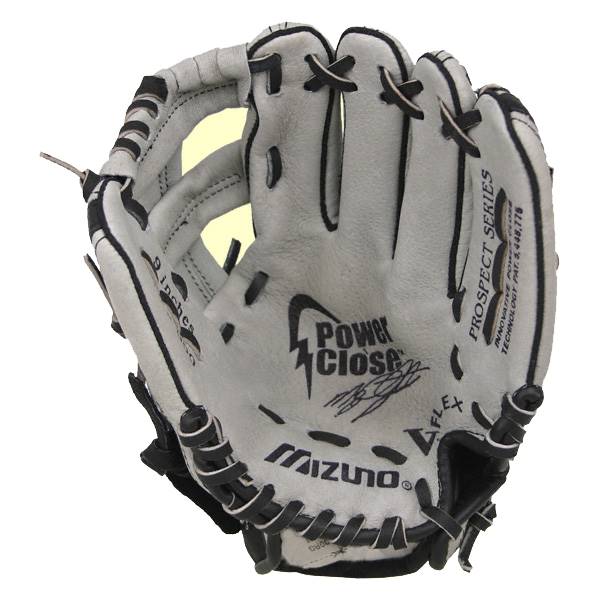 Top-down view of a white baseball glove with black lacing, Mizuno logo, and Power Close text.