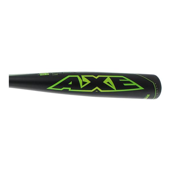 Side view of a black baseball bat with a neon green AXE logo and HYPERWHIP text.