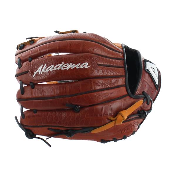 Front view of a brown baseball glove with Akadema text and a white A logo.